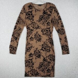 Whimsigoth Size L Brown Black Floral Mesh Sheath Dress Long Sleeve Retro Vibe